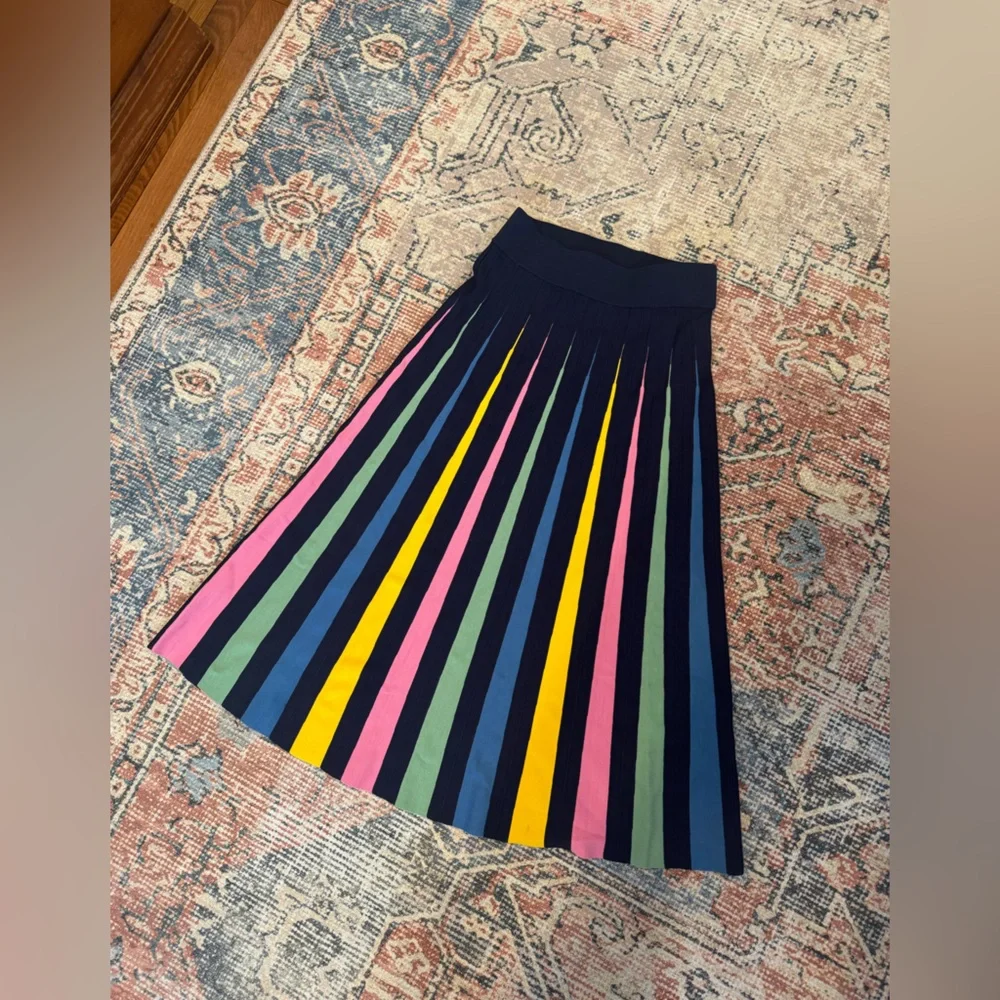 Maeve Navy A-Line Pleated Skirt with Pink, Yellow, Green & Blue Stripes - Picture 2 of 7